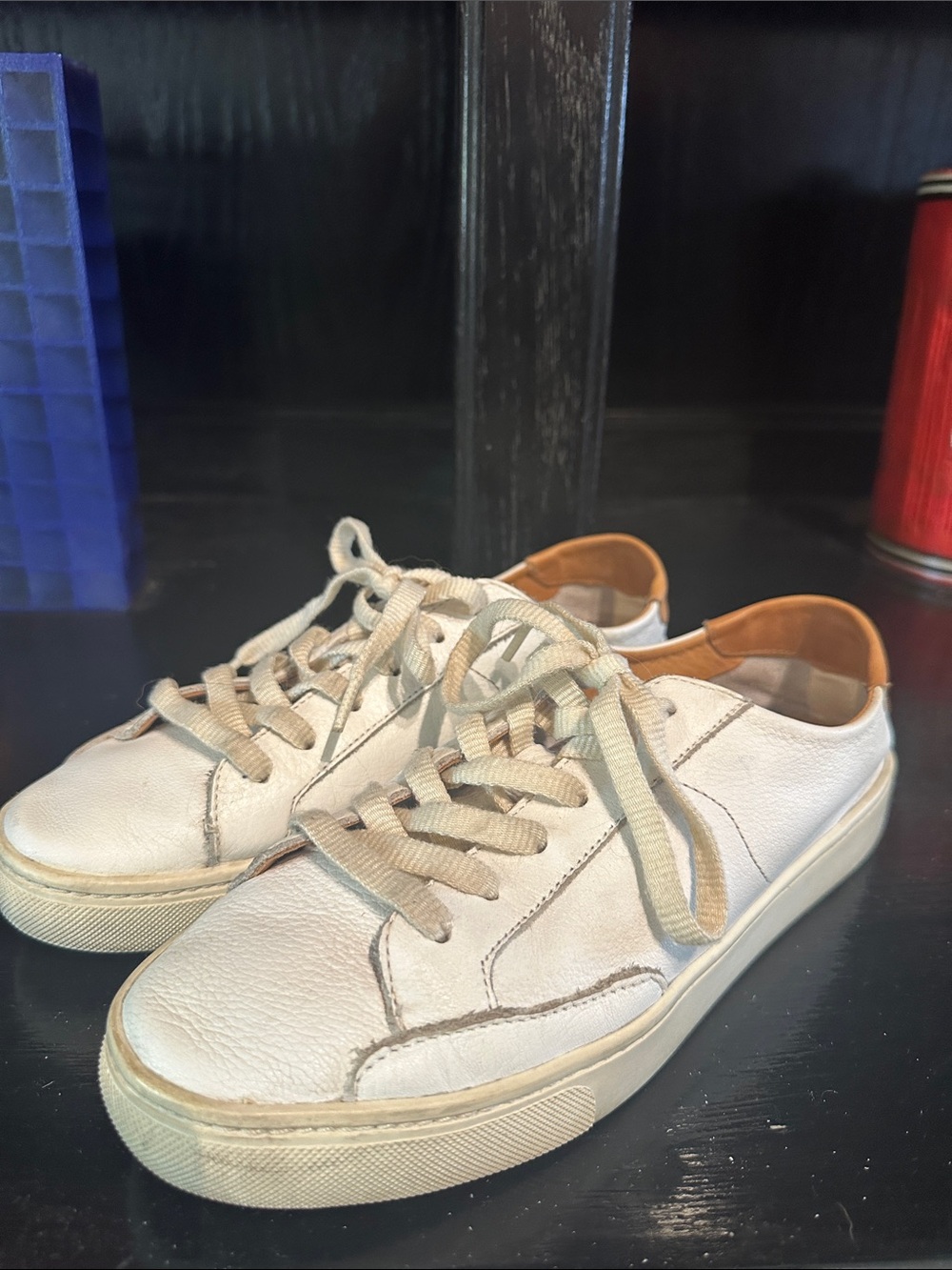 Soludos Off-White Leather Sneakers with Tan Heel